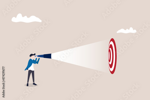 Businessman with telescope looking up target or goal. concept of Search for business target or goal, opportunity, mission to achieve, discover purpose or find strategy to reach goal