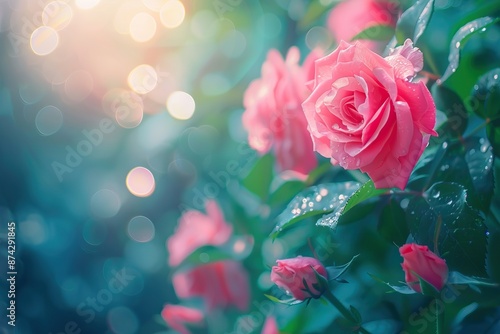 Pink roses on fresh green leaf background and bokeh blure with shallow depth of field. Soft focus.