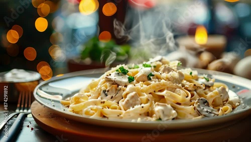 Animated fresh cooked Italian spaghetti pasta with sauce, tomatoes, basil, parmesan and steam, traditional Italian cuisine restauraunt