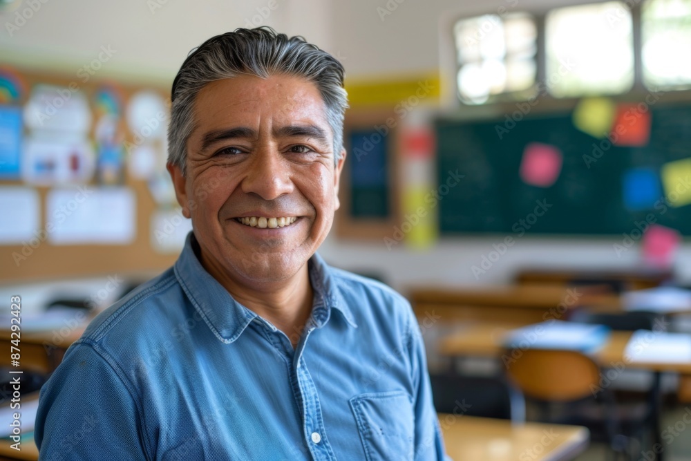 Fototapeta premium Portrait of a middle aged male teacher in classroom