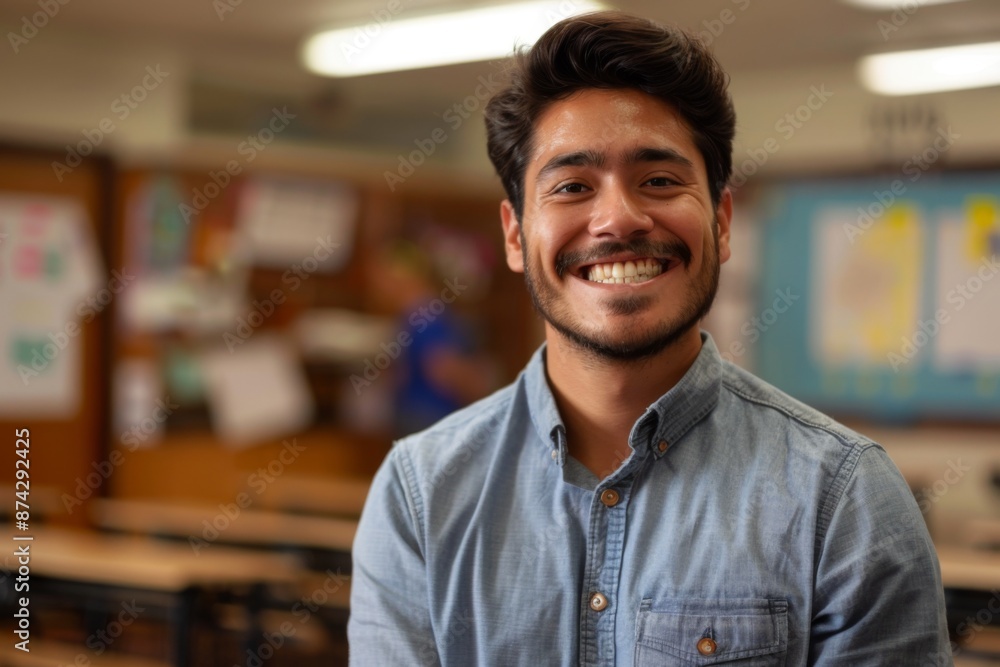 Portrait of a smiling male Hispanic teacher in classroom Portrait of a smiling male Hispanic teacher in classroom