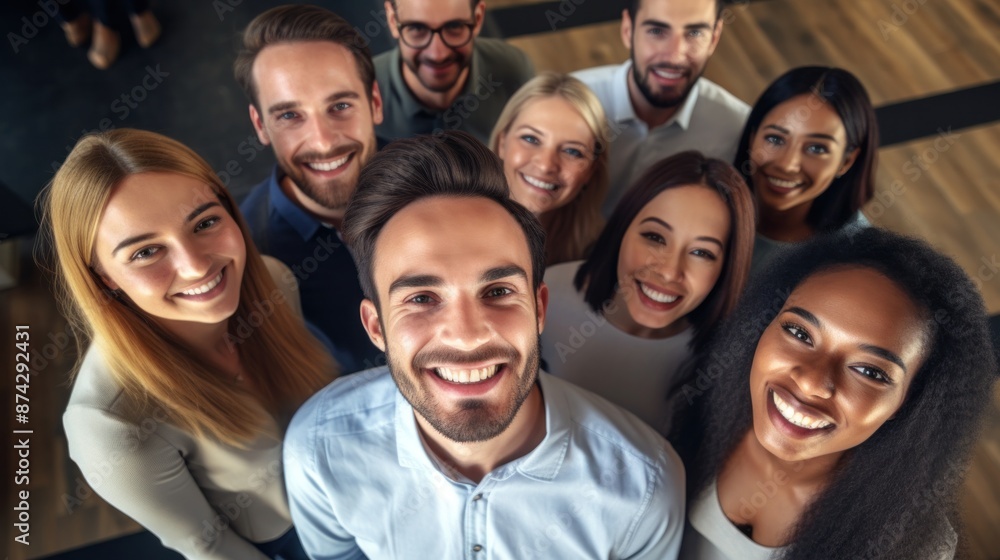 Group of various happy young people looking up and smiling at the camera. Company employee team view from above Group of various happy young people looking up and smiling at the camera. Company employee team view from above