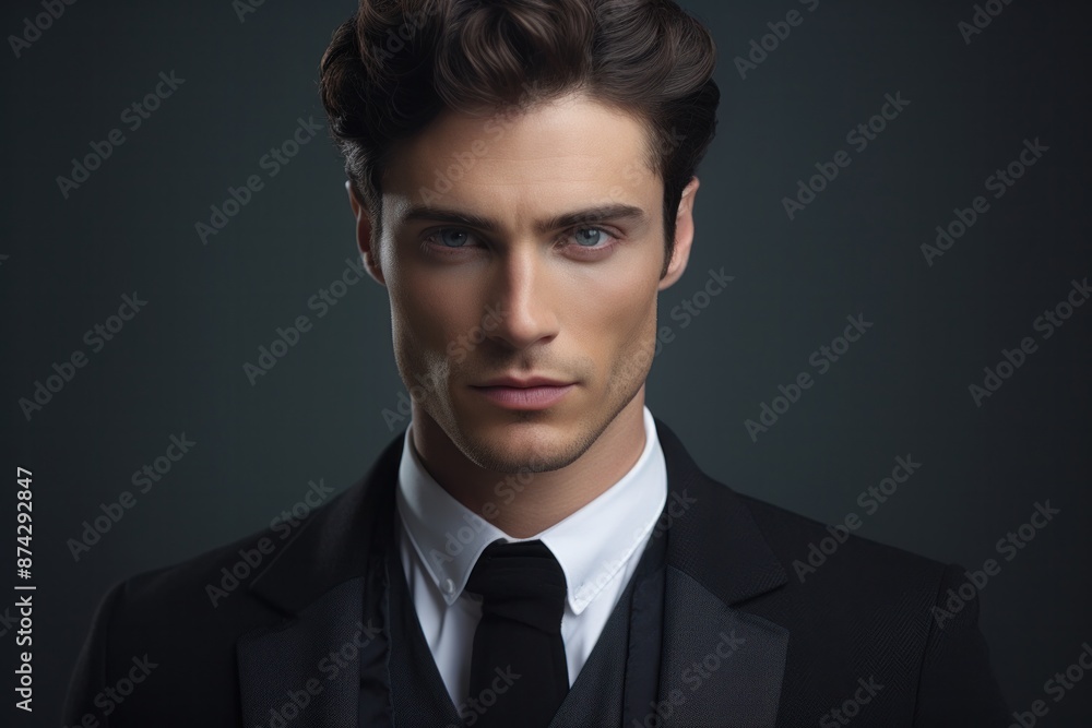 Elegant man with delicate eyes against a gray background. Elegant man with delicate eyes against a gray background.