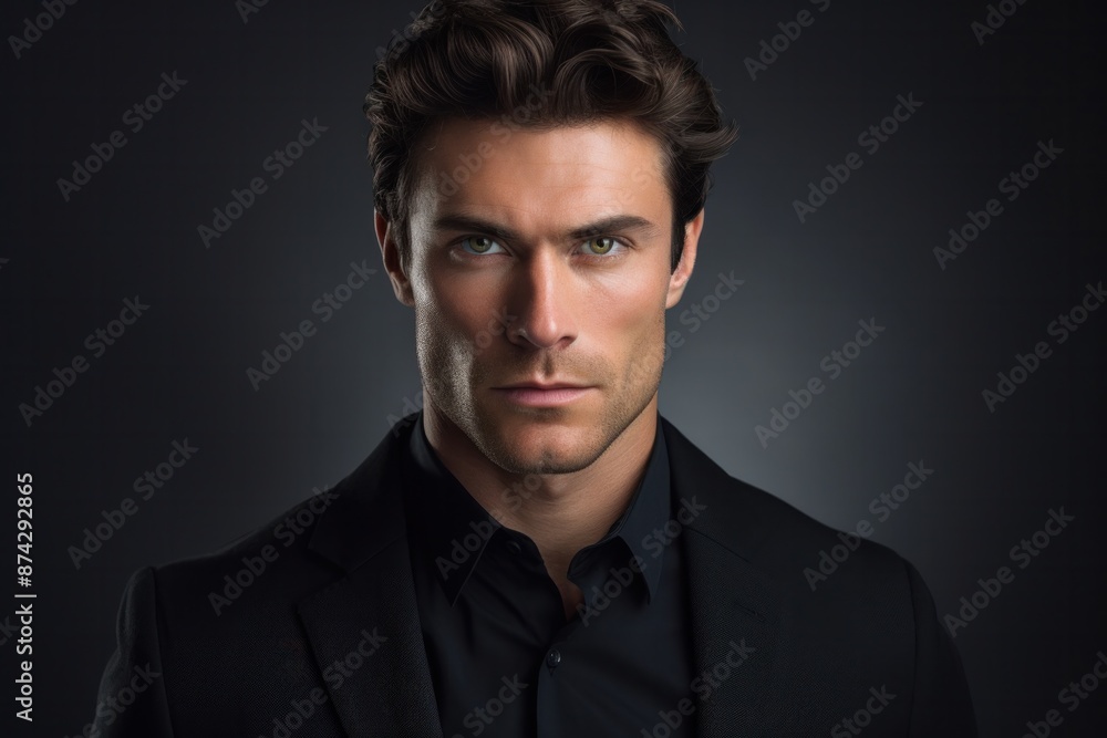 Obraz premium Elegant man with delicate eyes against a gray background.