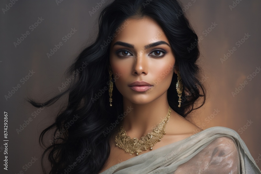 Elegant Indian woman with delicate eyes against gray background Elegant Indian woman with delicate eyes against gray background