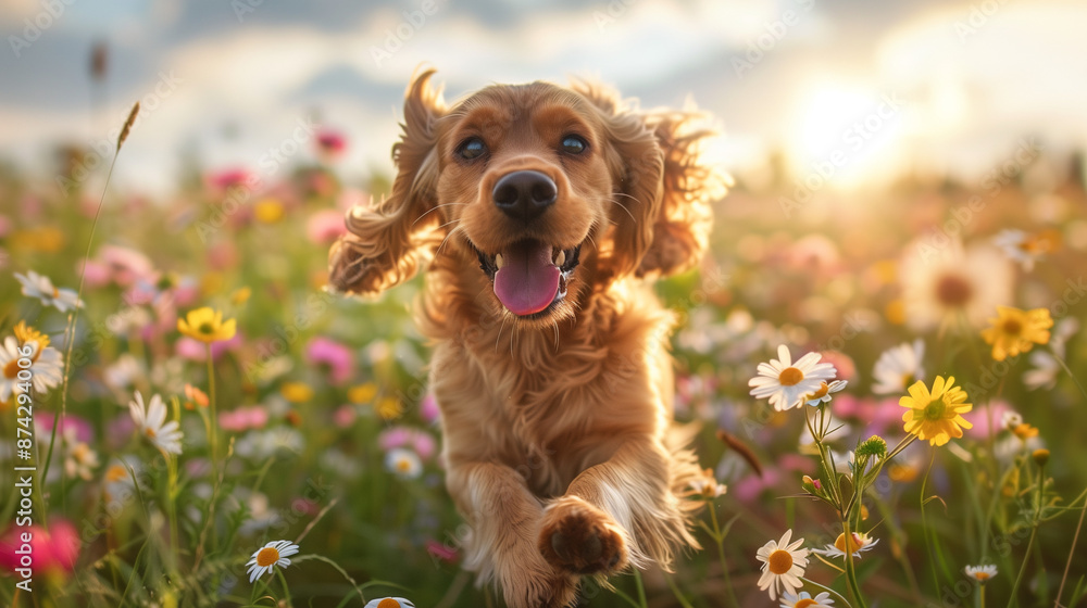 A joyful Cocker Spaniel frolicking in a sunny meadow with wildflowers, creating a heartwarming and delightful scene.
A joyful Cocker Spaniel frolicking in a sunny meadow with wildflowers, creating a heartwarming and delightful scene.