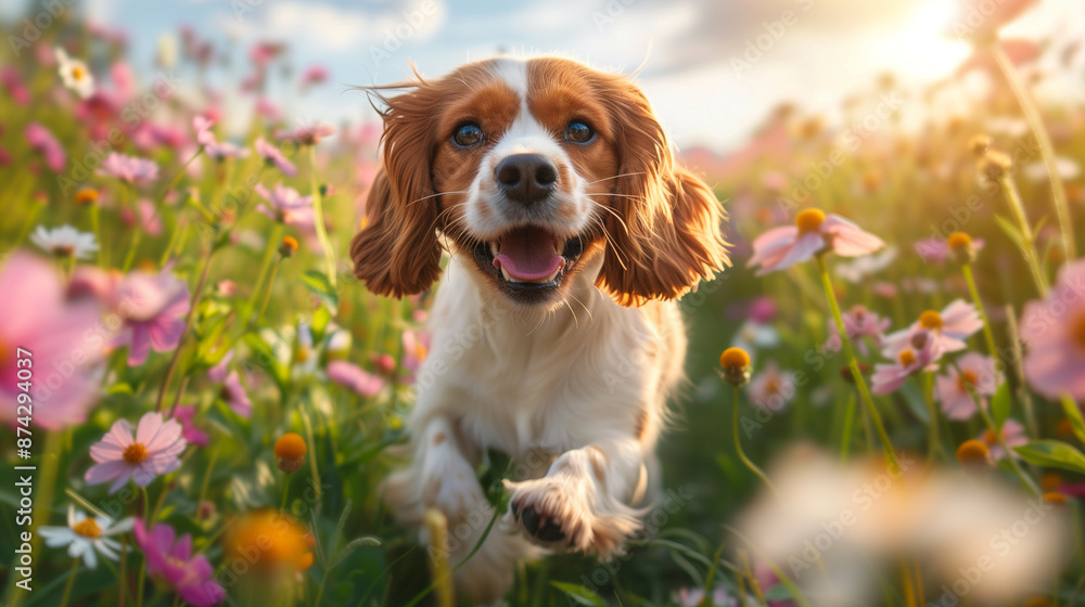 A cheerful Cocker Spaniel romping in a meadow full of wildflowers, bathed in bright sunlight, creating a joyful scene.
A cheerful Cocker Spaniel romping in a meadow full of wildflowers, bathed in bright sunlight, creating a joyful scene.