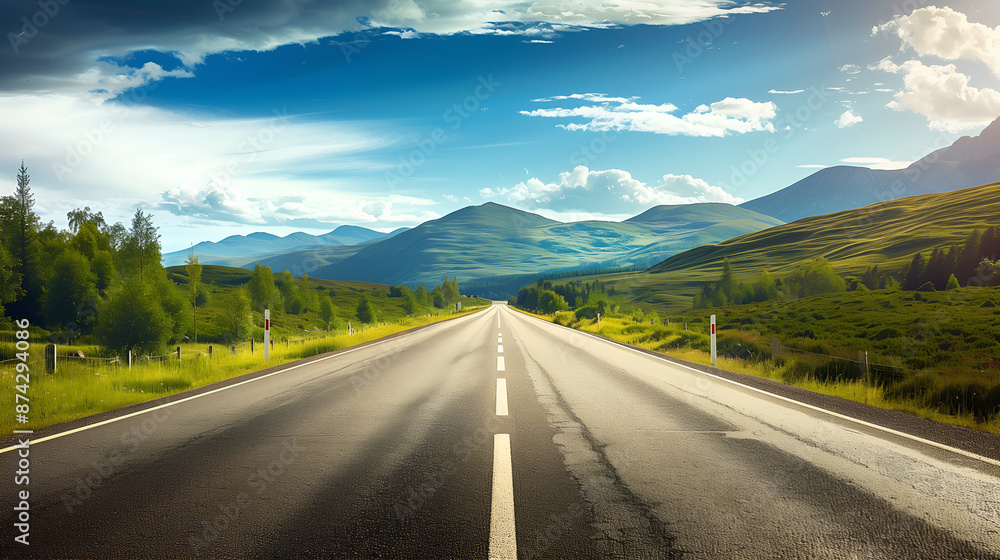 A serene countryside highway winding through green hills under a captivating sky A serene countryside highway winding through green hills under a captivating sky