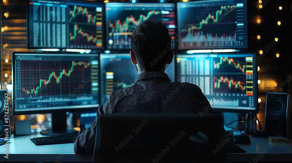 A data analyst working late in the office illuminate. Generative ai illustration. A data analyst working late in the office illuminate. Generative ai illustration.