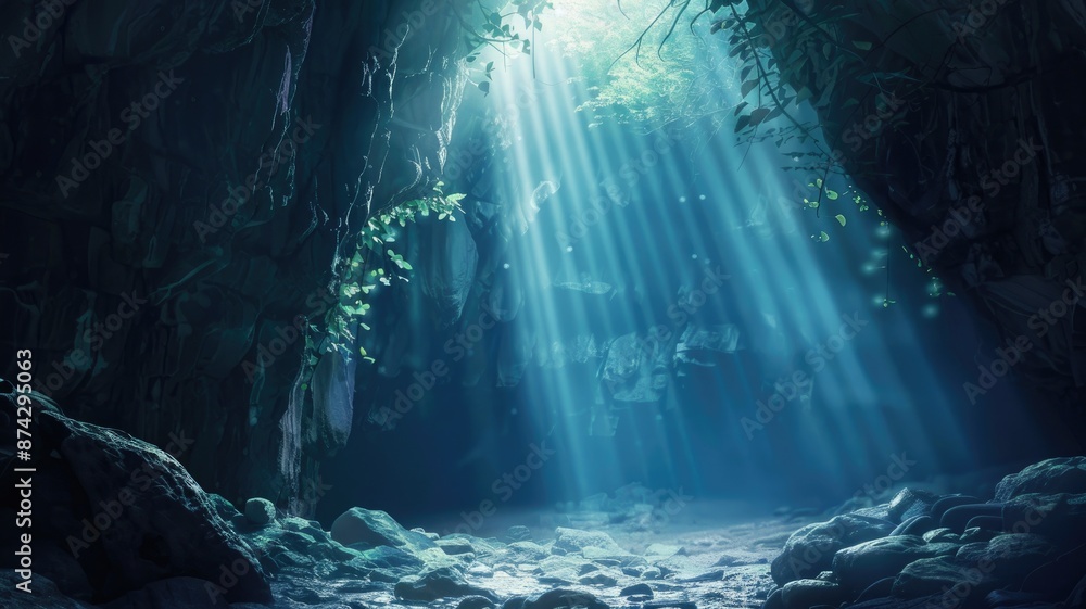 Fototapeta premium Enchanting grotto illuminated by a mystical light from above.