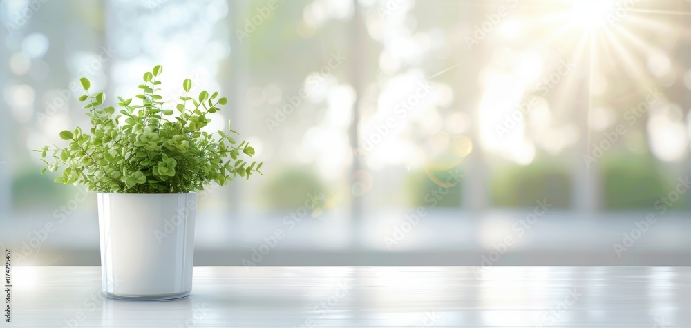 A potted plant sits on a table in front of a window A potted plant sits on a table in front of a window
