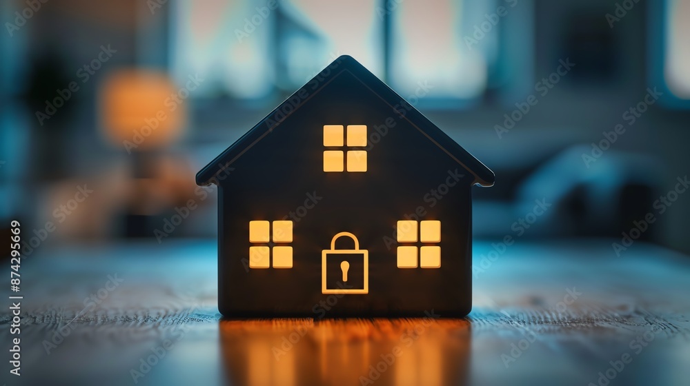 A small house model with illuminated windows and a lock symbol, representing home security and protection in a cozy setting. A small house model with illuminated windows and a lock symbol, representing home security and protection in a cozy setting.