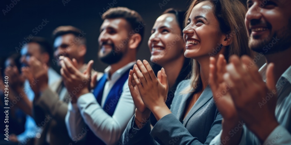 Obraz premium A satisfied audience cheerfully applauds during a business meeting or seminar.