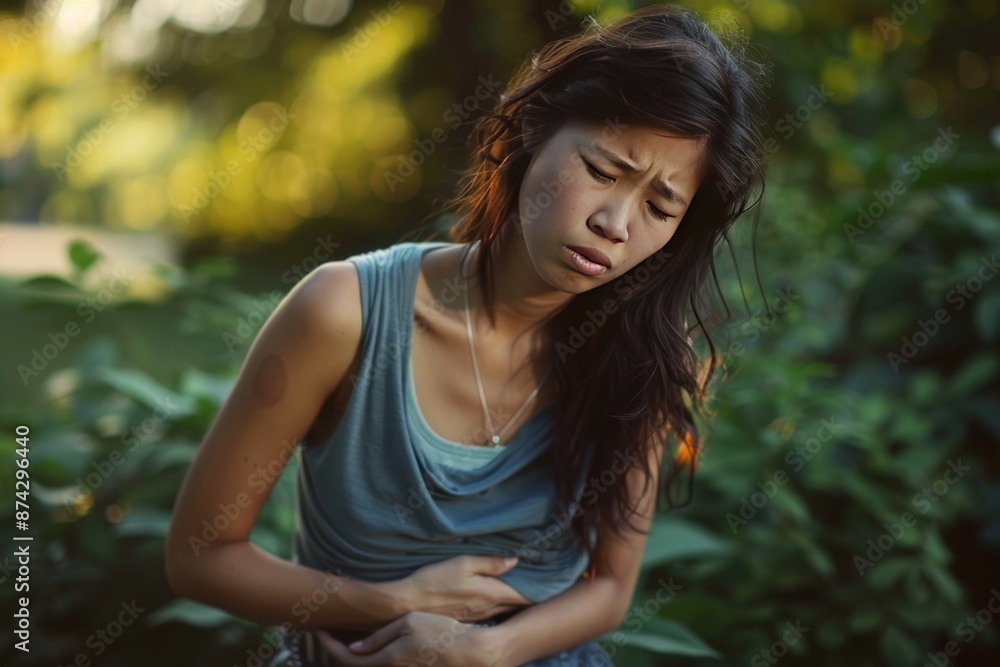 A woman is standing in the rain with her hair wet