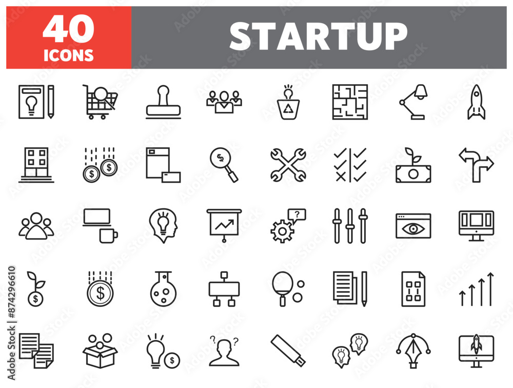 Set of 40 line icons startup. Outline icon collection. Editable stroke. Vector illustration. Set of 40 line icons startup. Outline icon collection. Editable stroke. Vector illustration.
