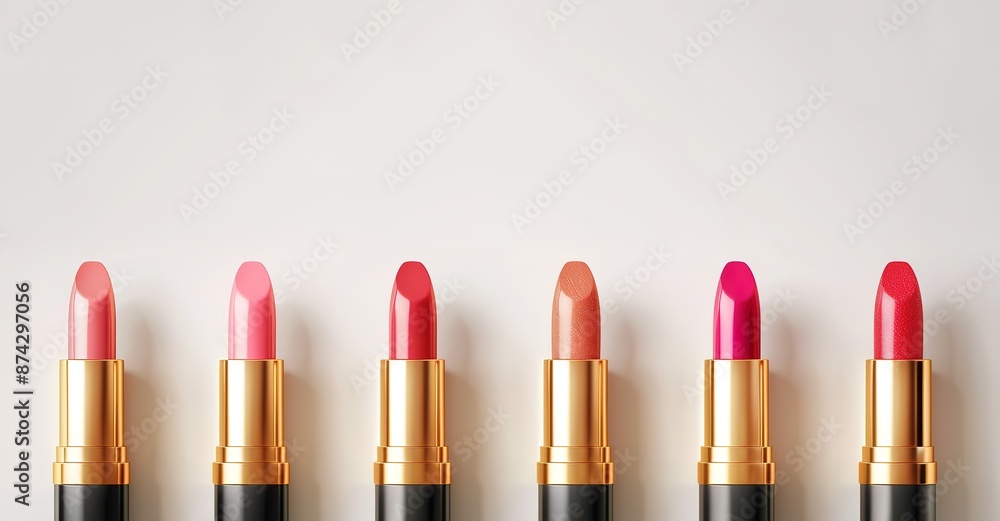 Obraz premium A number of lipsticks with red tones are lined up neatly on a white background