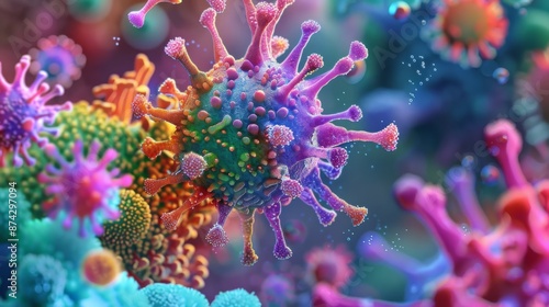 A close-up illustration of a coronavirus with a colorful, vibrant exterior.