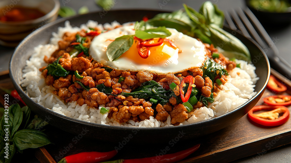 Pad Kra Pao. Thai food. Generative ai illustration. Pad Kra Pao. Thai food. Generative ai illustration.
