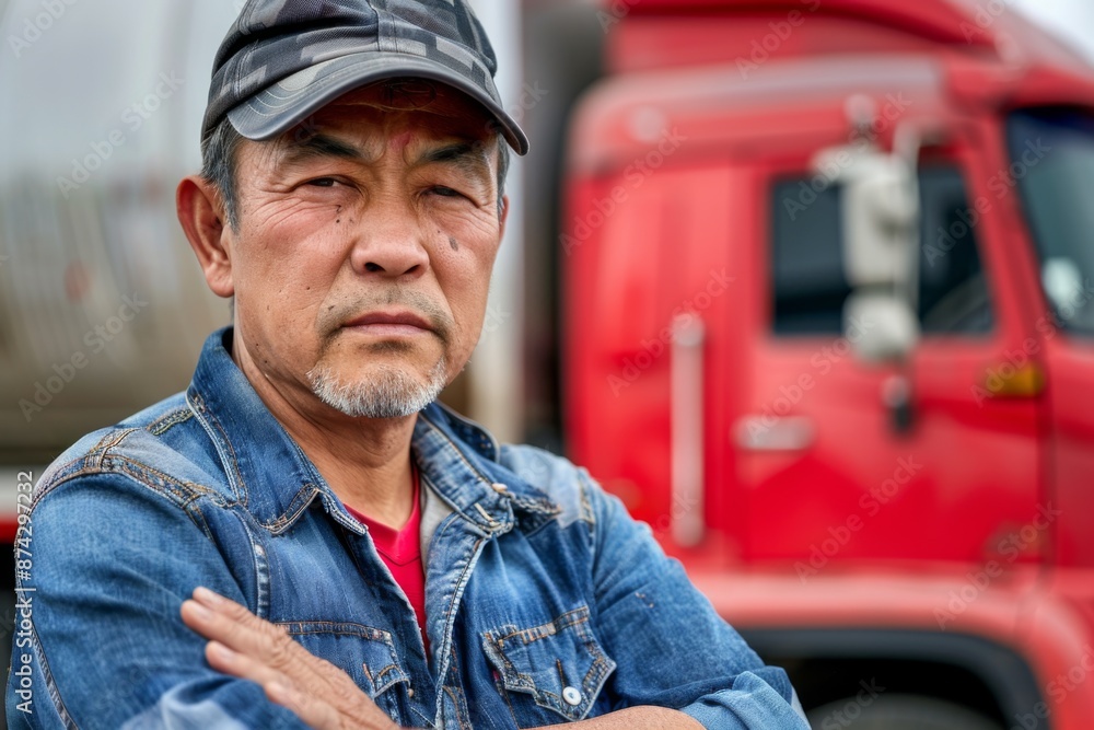 Fototapeta premium Portrait of a middle aged male Asian truck driver