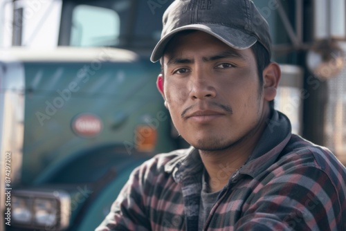 Portrait of a young male Hispanic truck driver