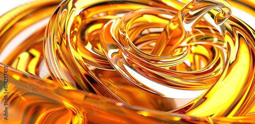 A liquid that is poured forms shiny yellow bubbles and spirals on a white background