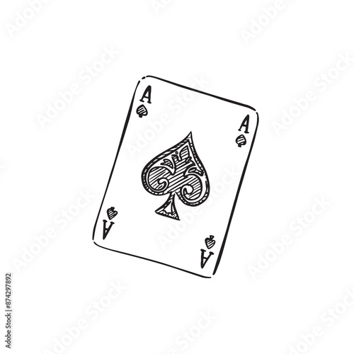 A line drawn playing card Ace of Spades in black and white. A sketchy style digital vector with shading using lines. Hand drawn digitally. 