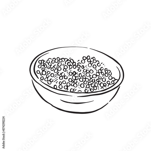 A bowl of caviar drawn by hand in black vector. Fish row, tapioca, peas, Asian cuisine, luxury food.