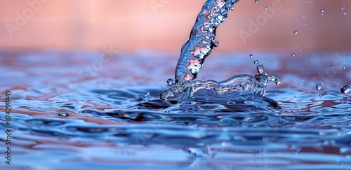 A splash of clear blue water with a blurred orange background