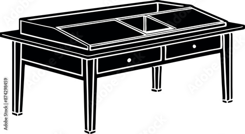 A black desk with two drawers and a writing surface