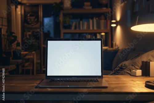 Laptop on home office desk with blank white screen