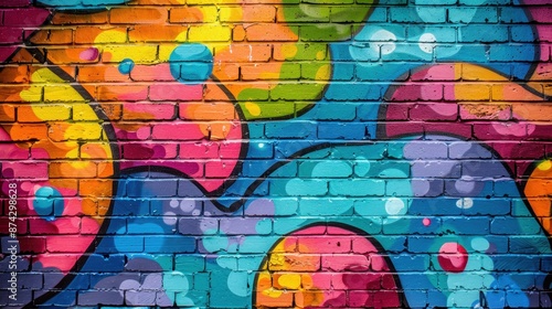 Generate a colorful street art mural on a brick wall. 