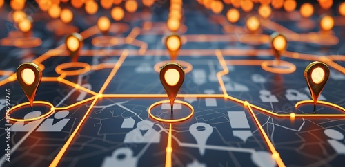 Illustration of a location map and orange glowing pin with a black high-tech concept
