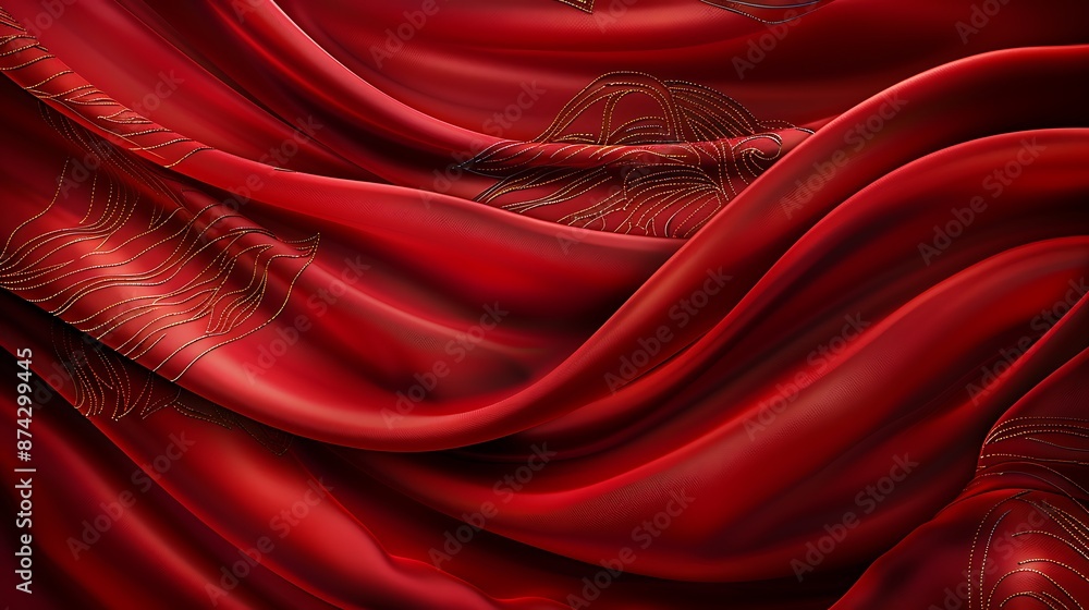 Close-up shot of a flowing, crimson cape fabric with a bold damask pattern in gold thread. The fabric billows gently in the breeze, revealing intricate details of the design. copy space for text, Close-up shot of a flowing, crimson cape fabric with a bold damask pattern in gold thread. The fabric billows gently in the breeze, revealing intricate details of the design. copy space for text,
