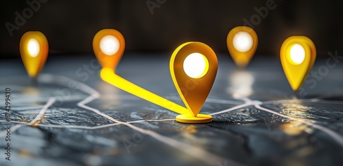 Illustration of a yellow location map on a black background with a gray texture