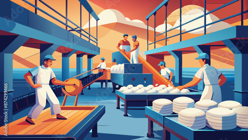 Industrial Food Production Line with Workers Illustration