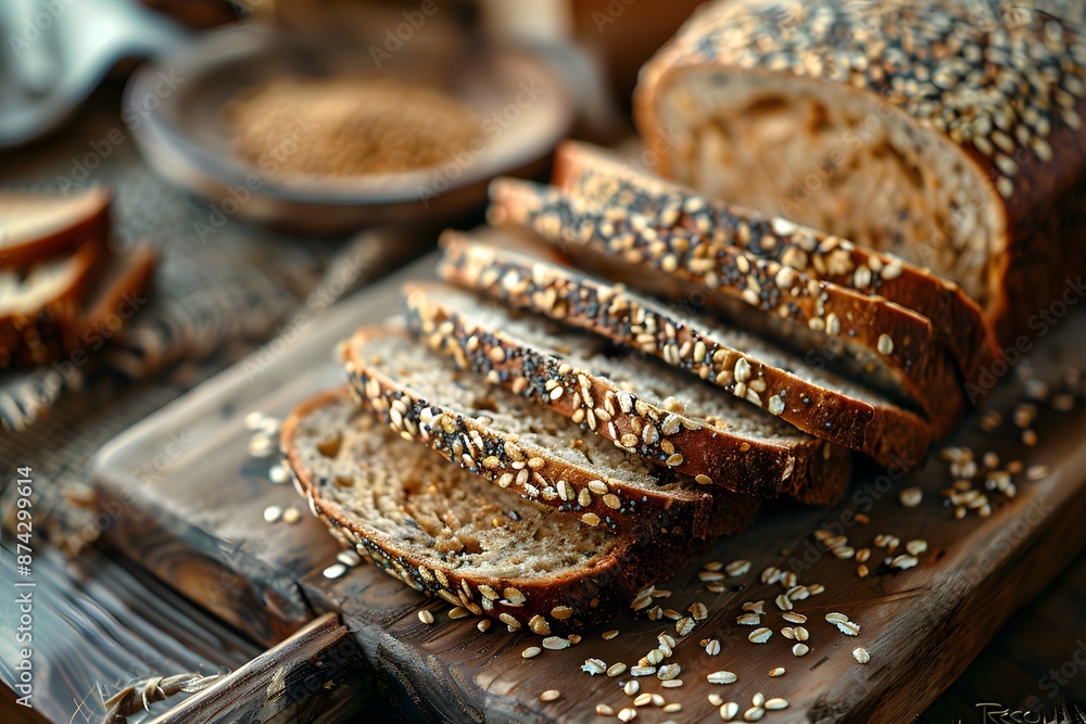 homemade seeded bread slice - Multi Grain Sourdough Bread with Flax Seeds Cut on a Wooden Board Close-up homemade seeded bread slice - Multi Grain Sourdough Bread with Flax Seeds Cut on a Wooden Board Close-up