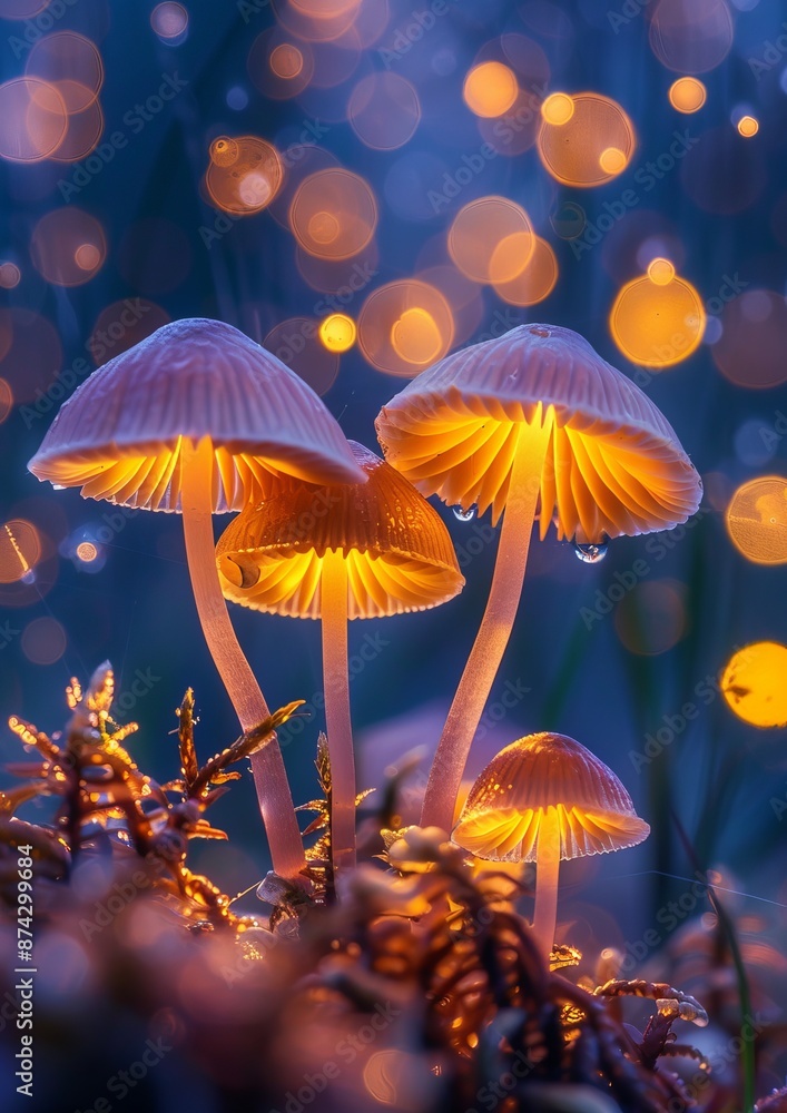 Fototapeta premium A cluster of magical glowing mushrooms in a night forest, surrounded by enchanting bokeh lights creating a mystical ambiance.