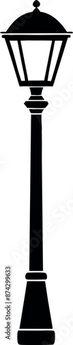 A tall black street lamp stands alone on a white background