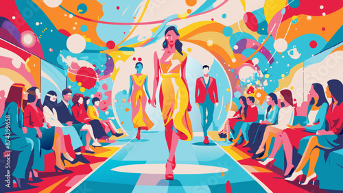 Vibrant Fashion Show with Models Strutting on Runway