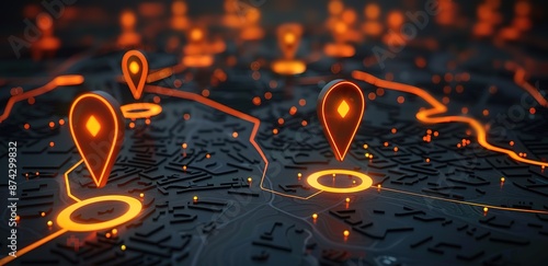 Illustration of a location map with yellow light on a black background
