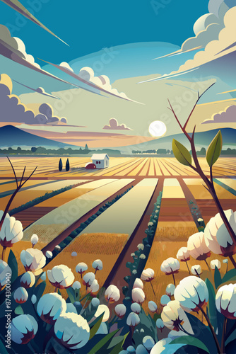Idyllic Countryside Farm Landscape at Sunset with Fields and Cotton Plants