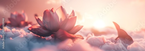 Illustration of a pink lotus flower above a cloud with a beam of light and a pink background
