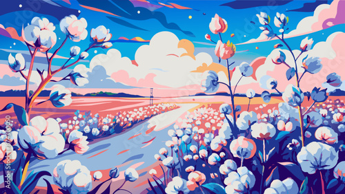 Vibrant Blossom Road Under Cotton Candy Skies Illustration
