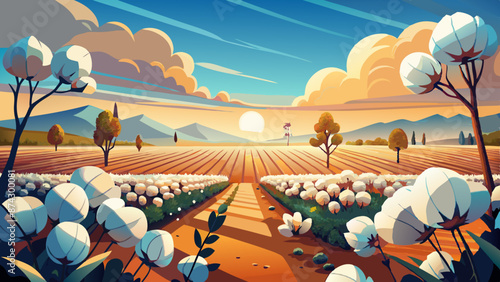 Serene Sunset Over Idyllic Cotton Field Landscape