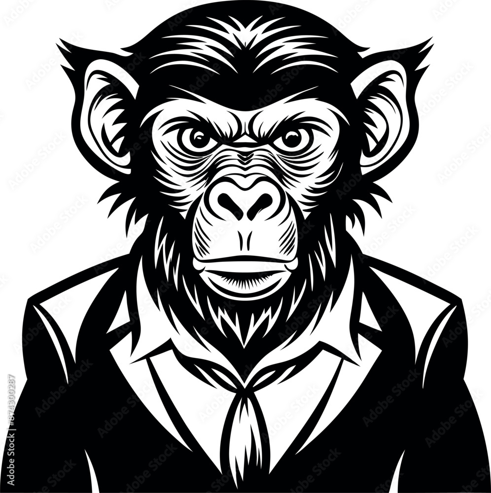 A black and white drawing of a monkey wearing a suit and tie A black and white drawing of a monkey wearing a suit and tie