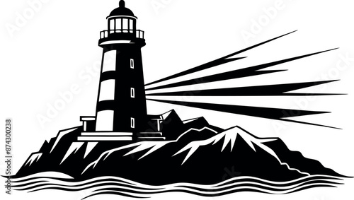 A lighthouse is on a rocky island with a mountain in the background