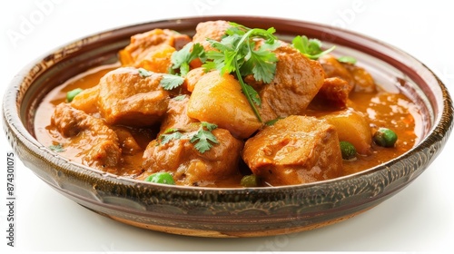 A delicious, hearty meat and vegetable stew garnished with fresh herbs, served in a rustic ceramic bowl against a white background.