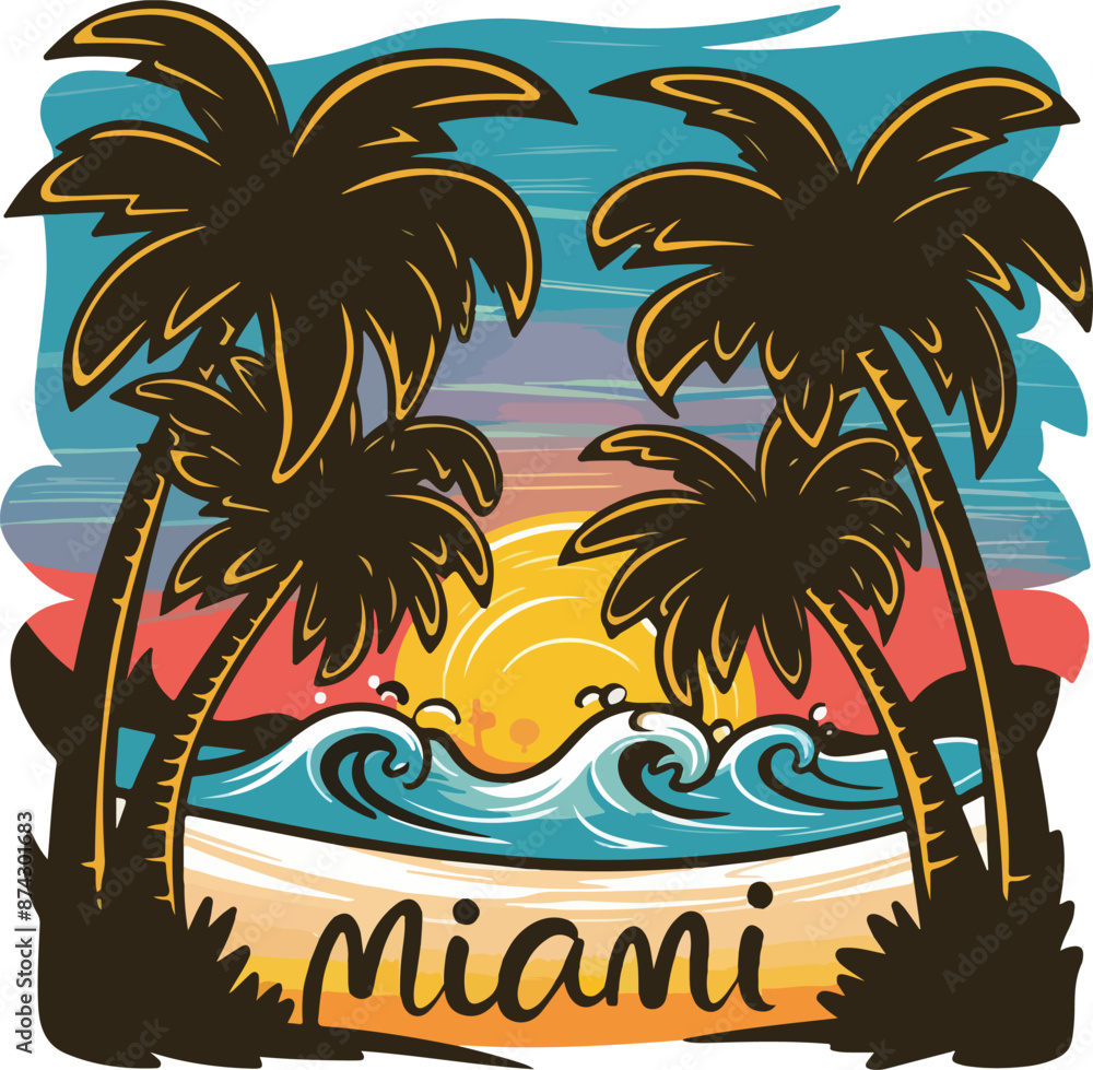 Summer Miami Beach Vector: Palm Tree Silhouettes and Golden Sunset Summer Miami Beach Vector: Palm Tree Silhouettes and Golden Sunset