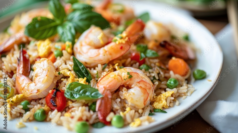 Delicious shrimp fried rice garnished with fresh vegetables and herbs served on a white plate, perfect for culinary and food photography. Delicious shrimp fried rice garnished with fresh vegetables and herbs served on a white plate, perfect for culinary and food photography.