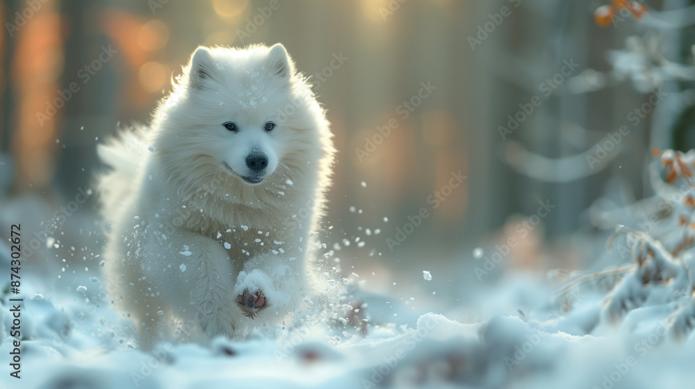 Obraz premium A Samoyed sprints through a snowy forest, its fur seamlessly blending with the snow. The tranquil scene highlights the breed's inherent beauty and lively nature.